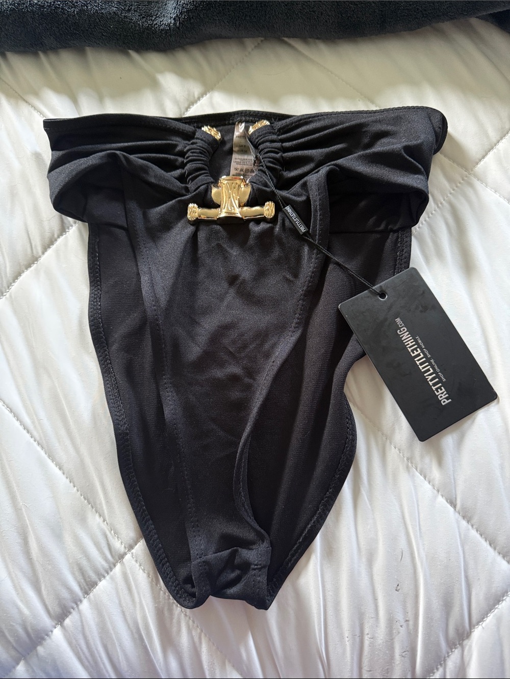 PrettyLittleThing Black High-Waist Bikini Bottom with Gold Hardware Accent
